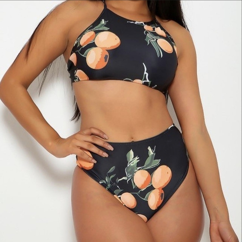 Women's Black and Orange Peach Pattern Bikini Set Size Small